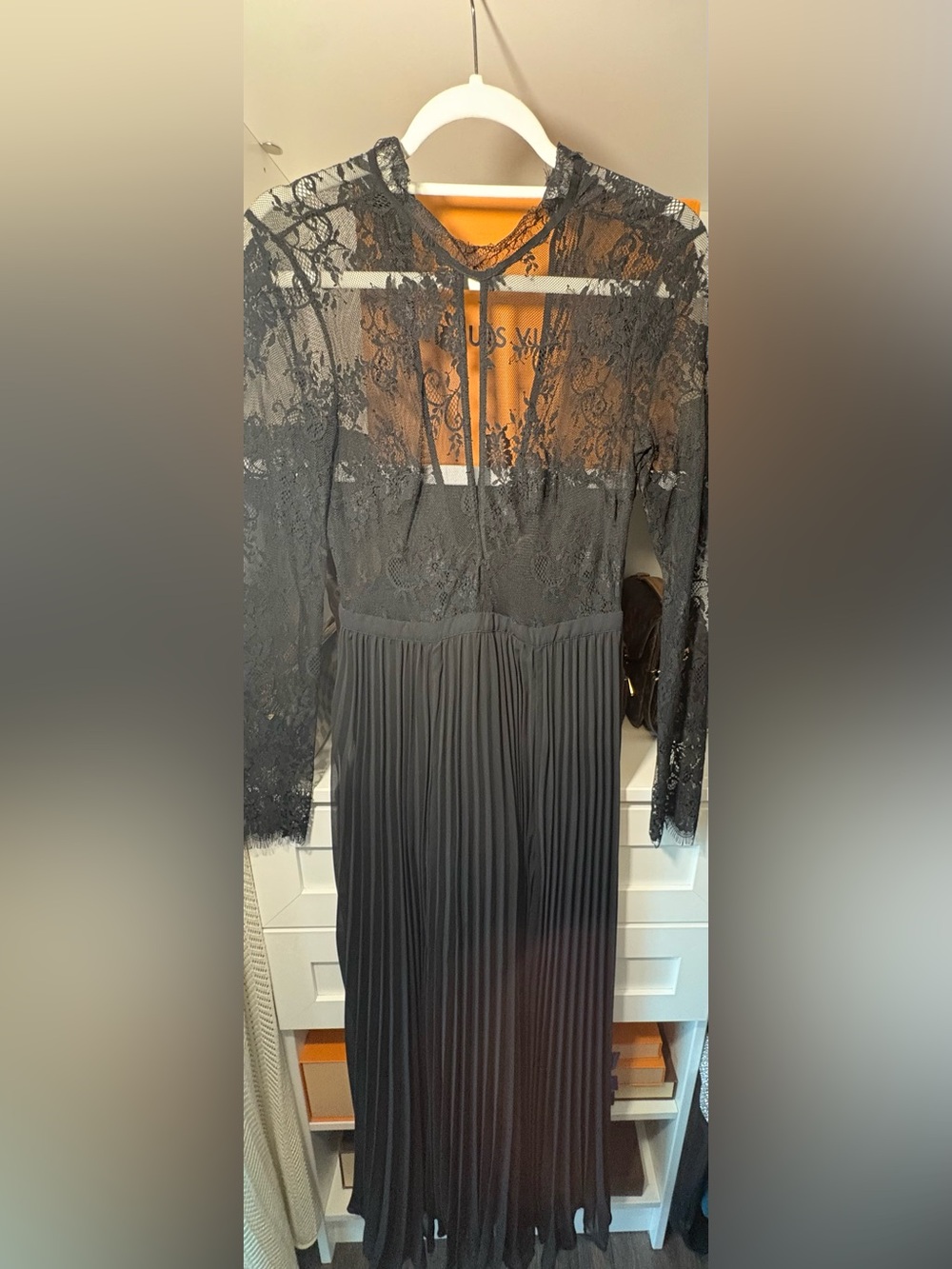 bebe Black Lace Bodice Pleated Maxi Dress